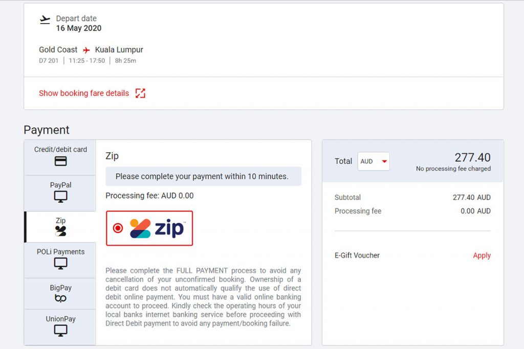 Zip Pay payment method on the AirAsia booking page