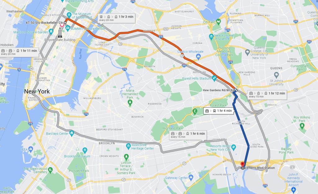 Google Maps route planning, mid-town Manhattan to Lefferts Boulevard AirTrain station.