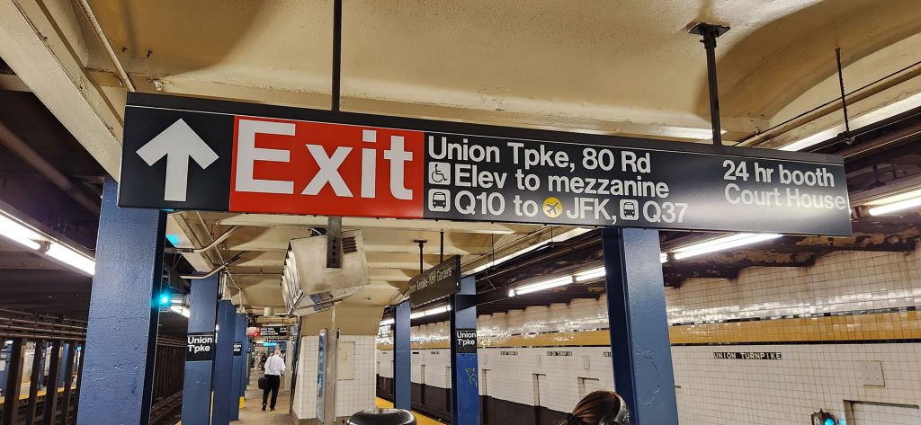 Follow the Q10 JFK Airport exit signage when you get off the train at Union Turnpike.